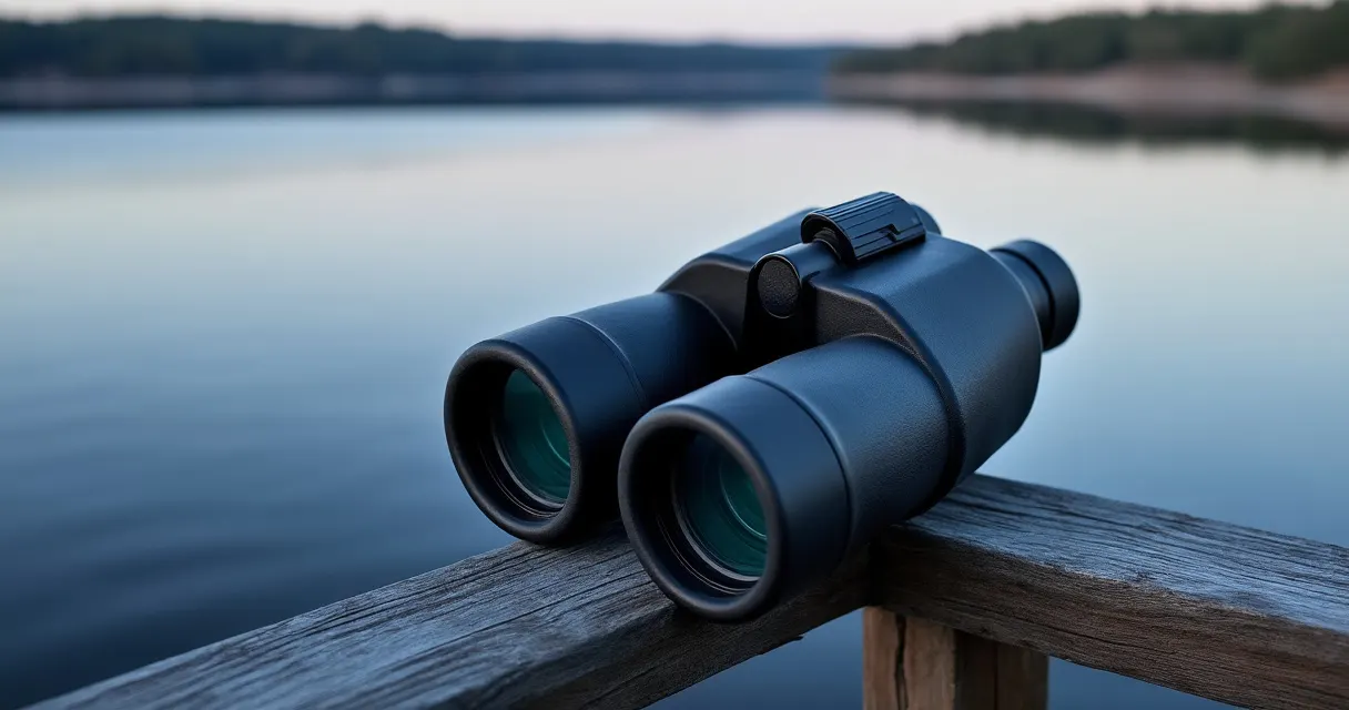 Großes schwarzes Fernglas mit dickem Gehäuse liegt auf dem Holzgeländer eines Stegs, dahinter ein ruhiger See in der Abenddämmerung