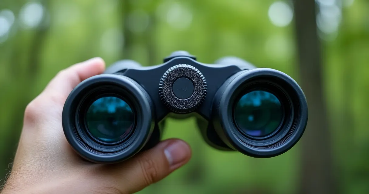Eine Hand hält ein schwarzes Fernglas vor unscharfem grünem Wald, in der Mitte das geriffelte Rad des Mitteltriebs