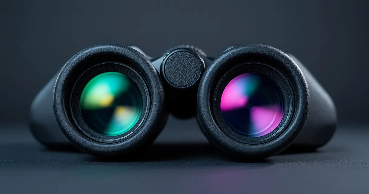 Nahaufnahme der beiden Objektivlinsen eines Fernglases von vorn, die Mehrschichtvergütung spiegelt grün und violett