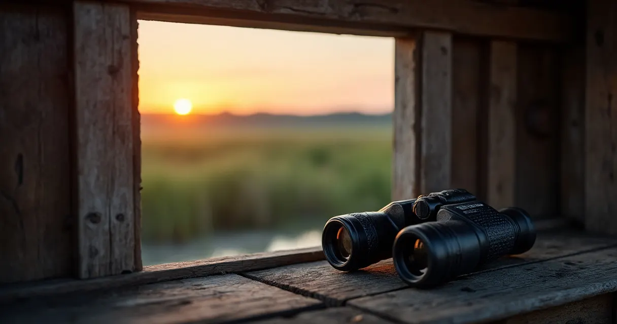 Fernglas liegt auf der Holzbrüstung einer Beobachtungshütte, dahinter eine Sumpflandschaft im Sonnenaufgang