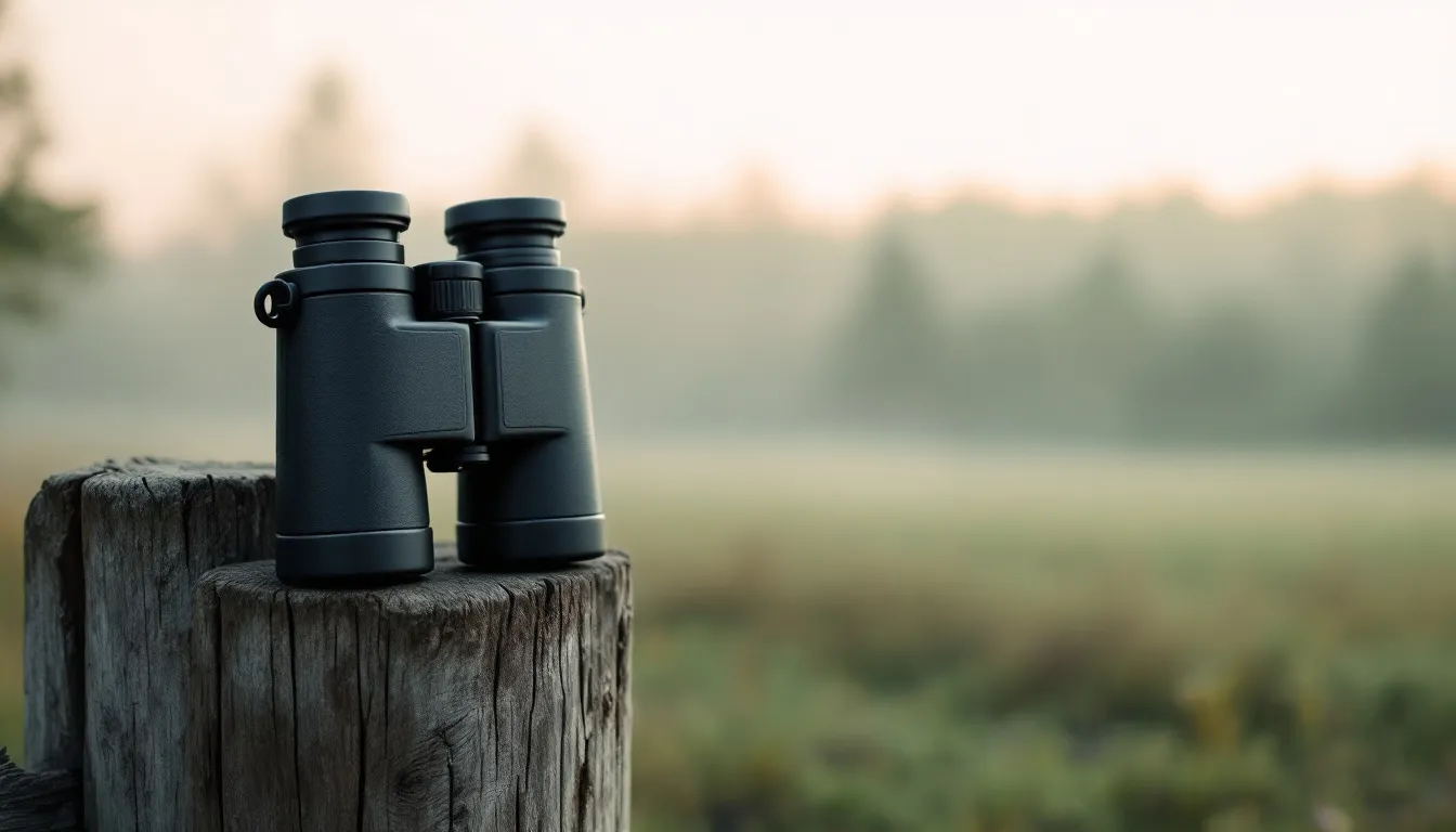 Schwarzes Dachkant-Fernglas steht auf einem verwitterten Holzpfosten, dahinter eine neblige Wiese und ein Waldrand im Morgenlicht
