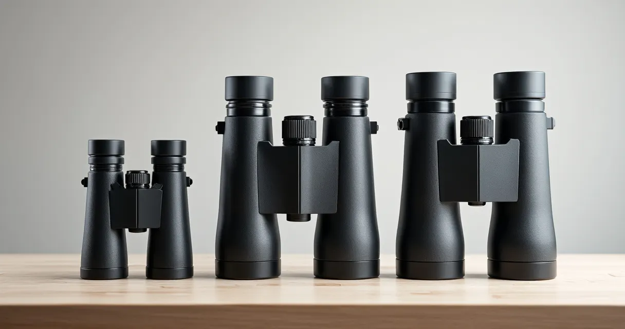 Drei Ferngläser unterschiedlicher Größe nebeneinander auf einem hellen Holztisch: Taschenfernglas, mittelgroßes Universalglas und großes Glas