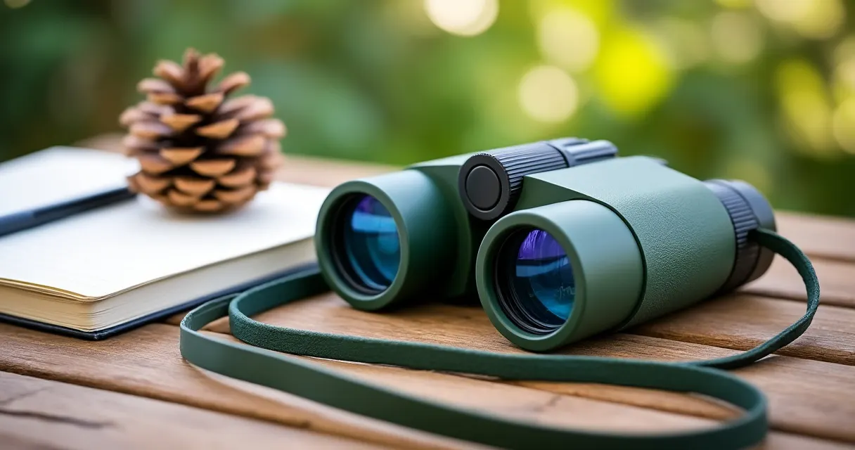 Kleines grünes Kinderfernglas mit Trageband liegt auf einem Holztisch im Garten neben einem geschlossenen Notizbuch und einem Tannenzapfen