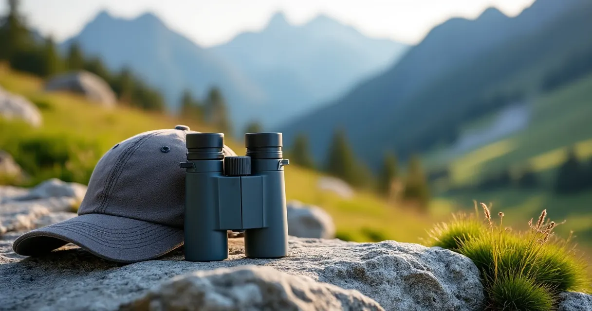 Kleines Taschenfernglas liegt auf einem flachen Stein neben einer Wanderkarte und einer Mütze, dahinter Bergwiese und Gipfel im Morgenlicht