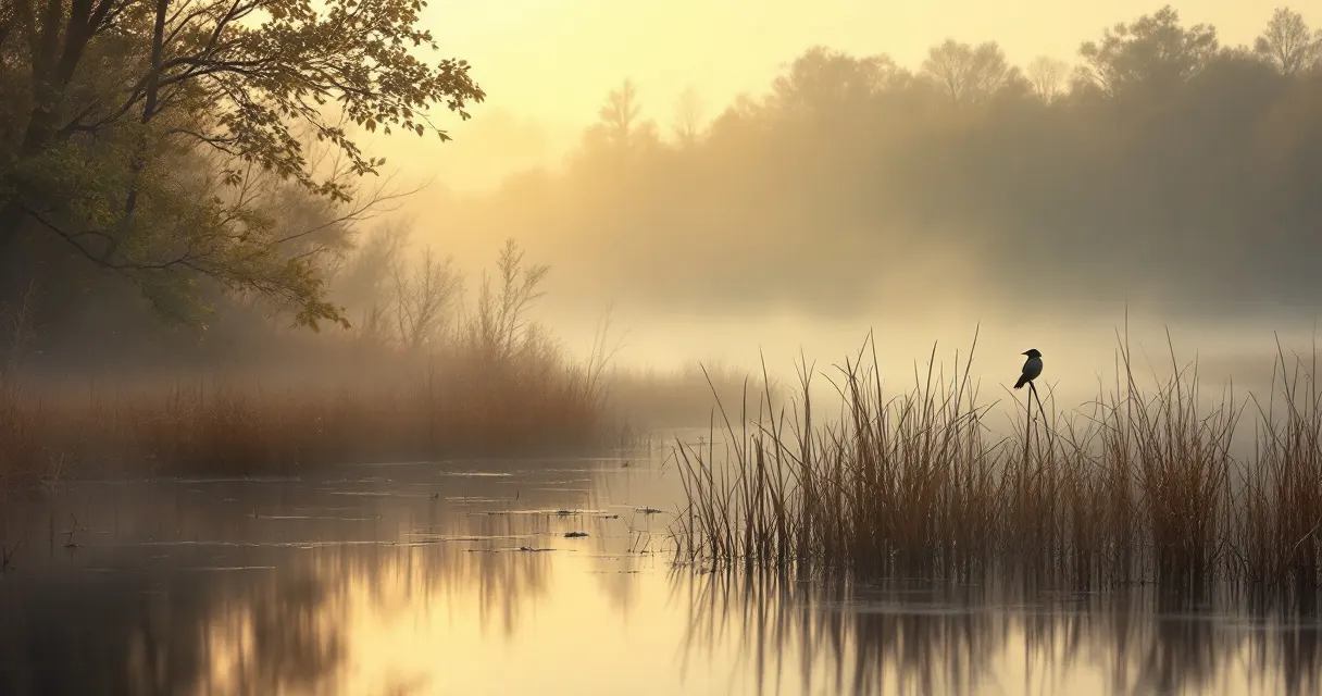 Flussaue im Morgennebel mit Schilf im Vordergrund, auf einem Halm sitzt ein kleiner Vogel als Silhouette im Gegenlicht