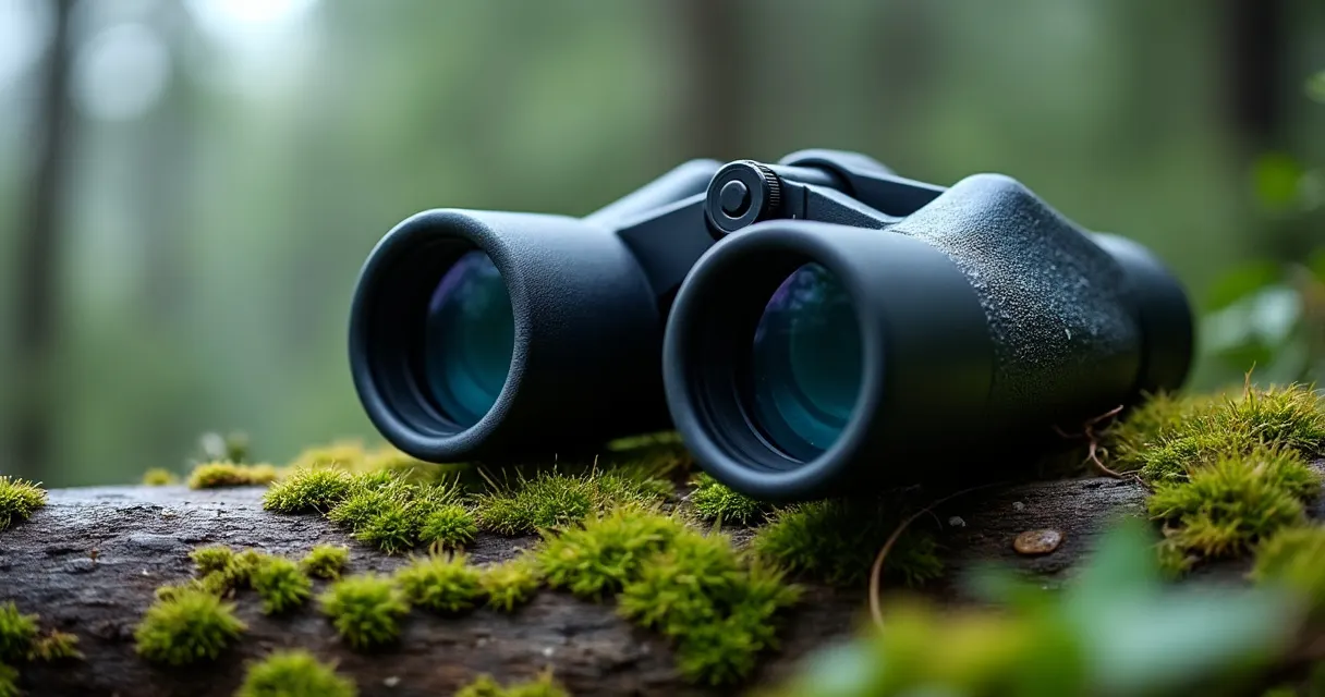 Schwarzes Dachkant-Fernglas steht auf einem bemoosten Baumstamm am Waldrand, Tautropfen auf dem Moos, weicher Tageslicht-Hintergrund