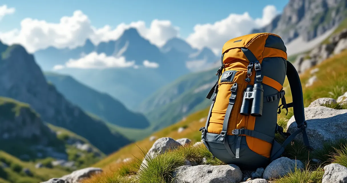 Wanderrucksack lehnt an einem Felsen auf einem Bergpfad, am Riemen hängt ein kleines Taschenfernglas, dahinter ein weites Tal mit Wolken